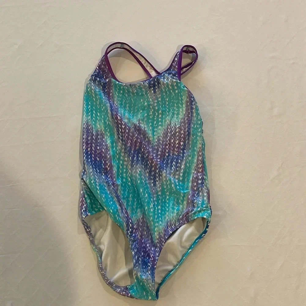 Speedo Blue Purple Geometric Print‎ Swimsuit 1 Piece Girls size 14 EUC